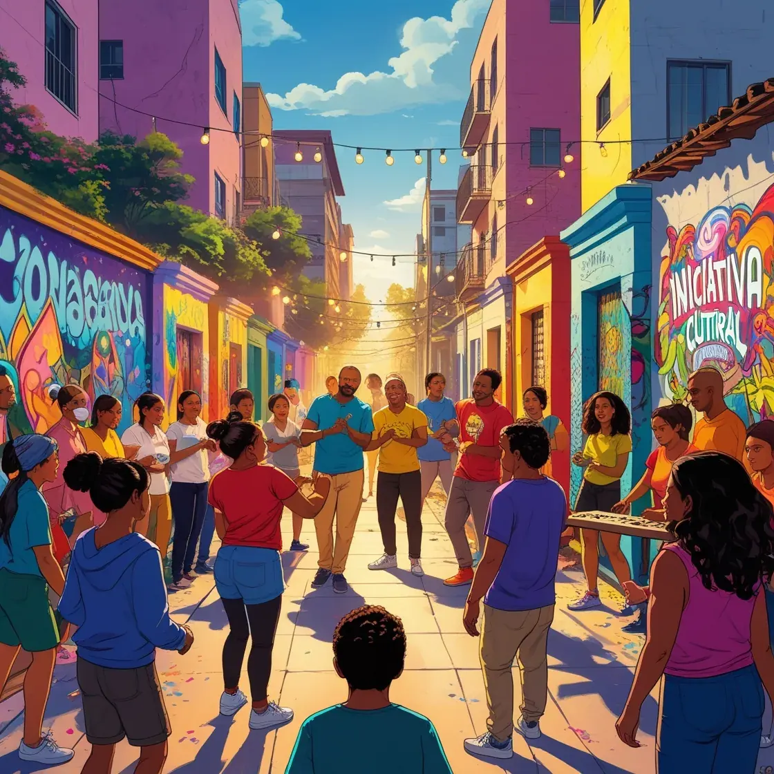 Ilustração de rua colorida cheia de pessoas em festa de bairro